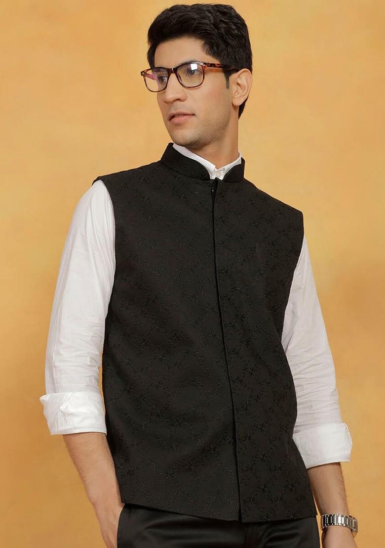Black Embroidered Poly Blend Nehru Jacket For Men