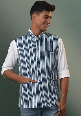 Blue Striped Cotton Nehru Jacket For Men