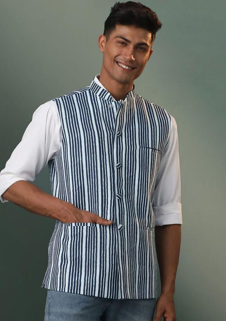 Blue Striped Cotton Nehru Jacket For Men