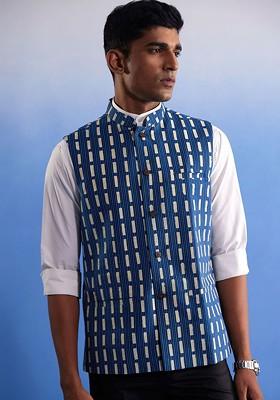 Blue Printed Cotton Nehru Jacket For Men