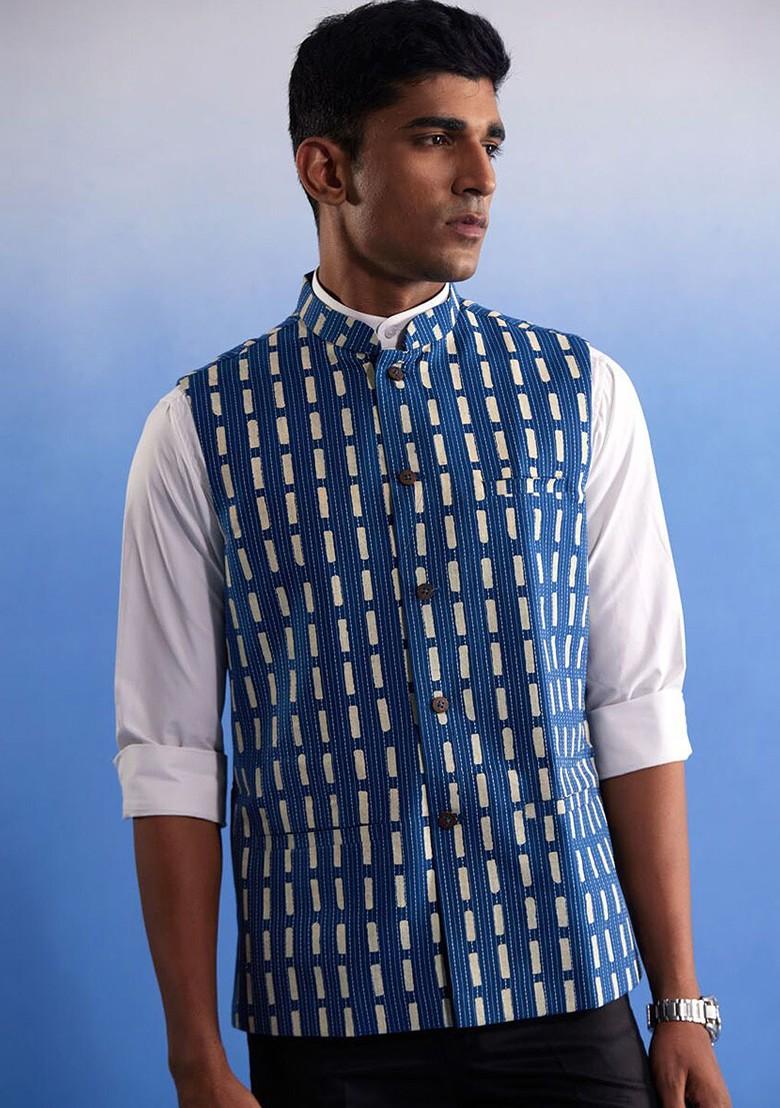 Blue Printed Cotton Nehru Jacket For Men
