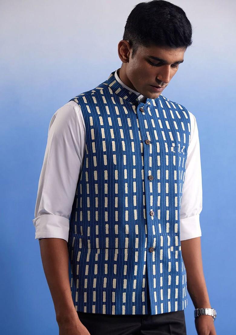 Blue Printed Cotton Nehru Jacket For Men