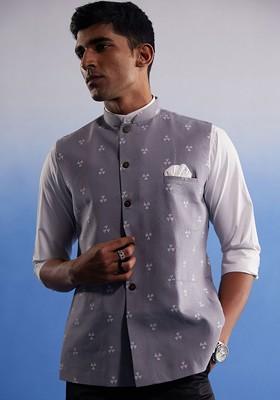Grey Printed Cotton Nehru Jacket For Men