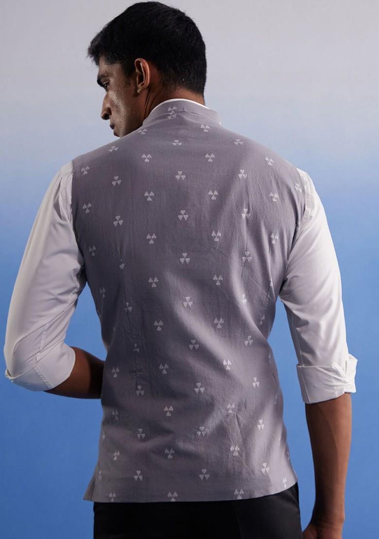 Grey Printed Cotton Nehru Jacket For Men