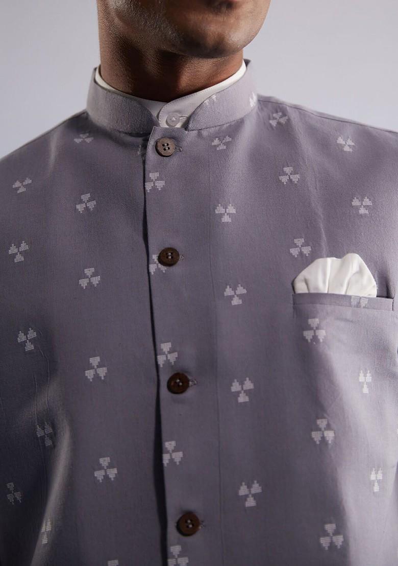Grey Printed Cotton Nehru Jacket For Men