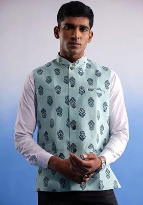 Green Printed Cotton Nehru Jacket For Men