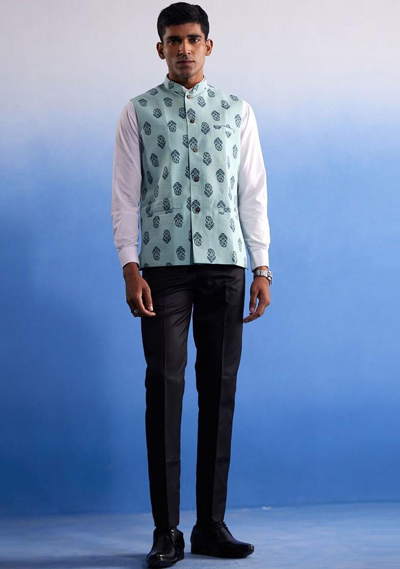 Green Printed Cotton Nehru Jacket For Men