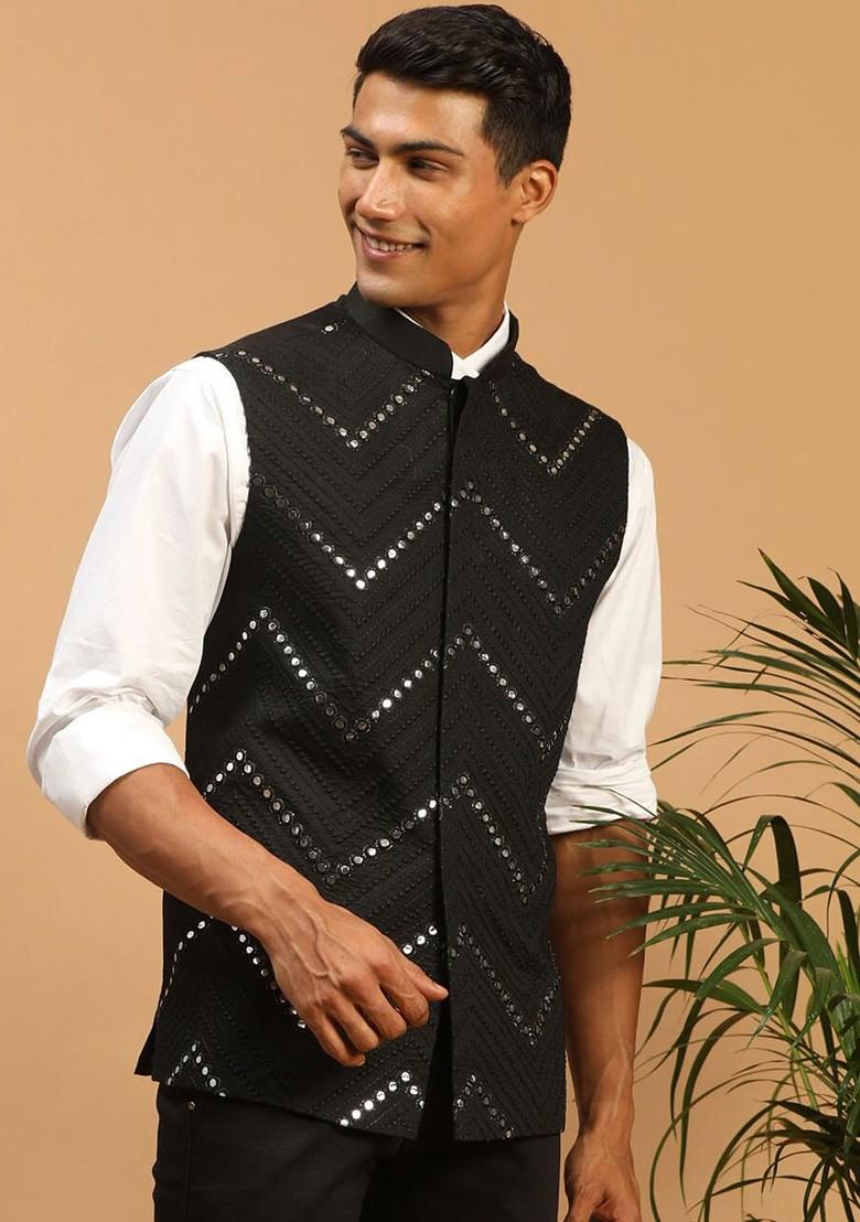 Black Embroidered Poly Blend Nehru Jacket For Men