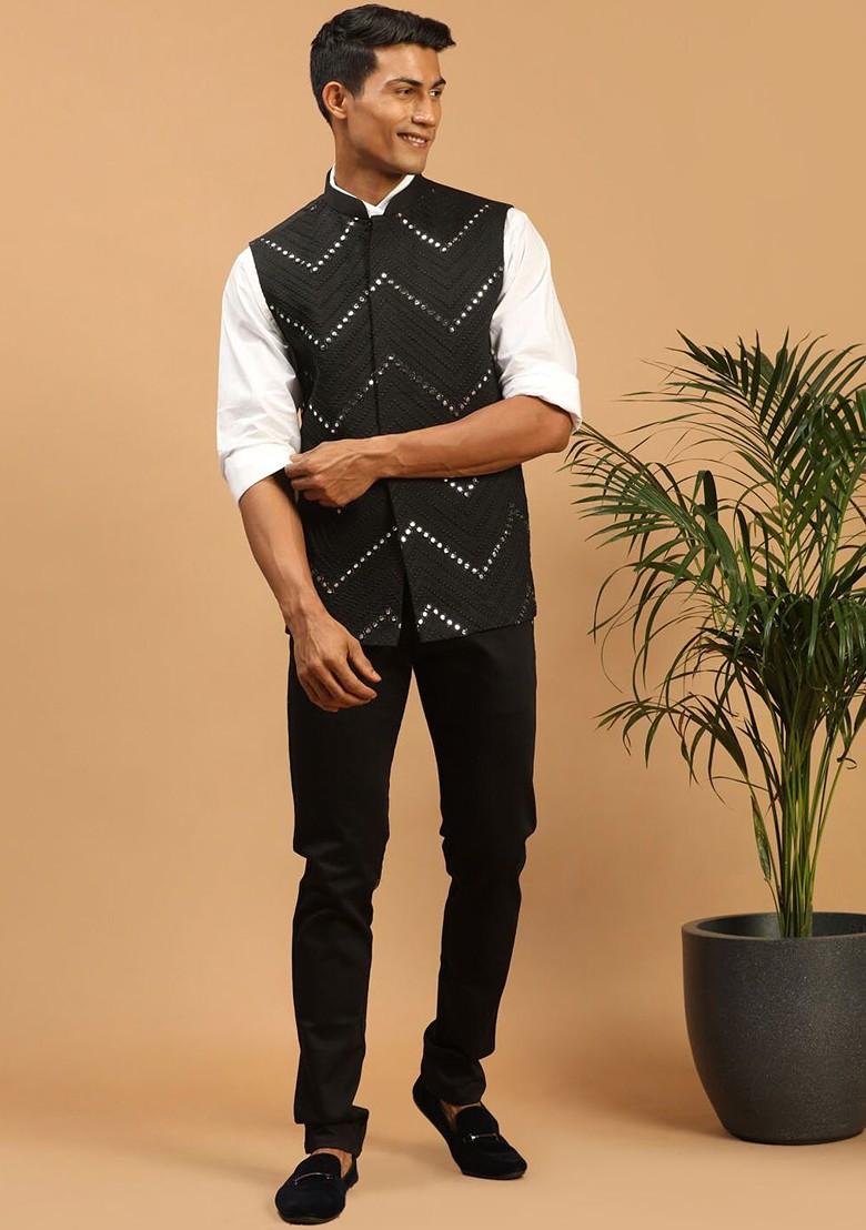 Black Embroidered Poly Blend Nehru Jacket For Men