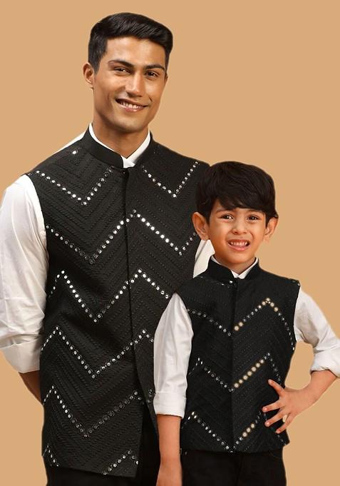 Black Embroidered Poly Blend Nehru Jacket For Men — view on Indya