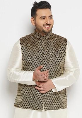 Black Woven Poly Blend Nehru Jacket For Men