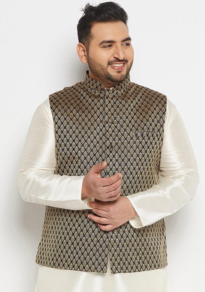 Black Woven Poly Blend Nehru Jacket For Men
