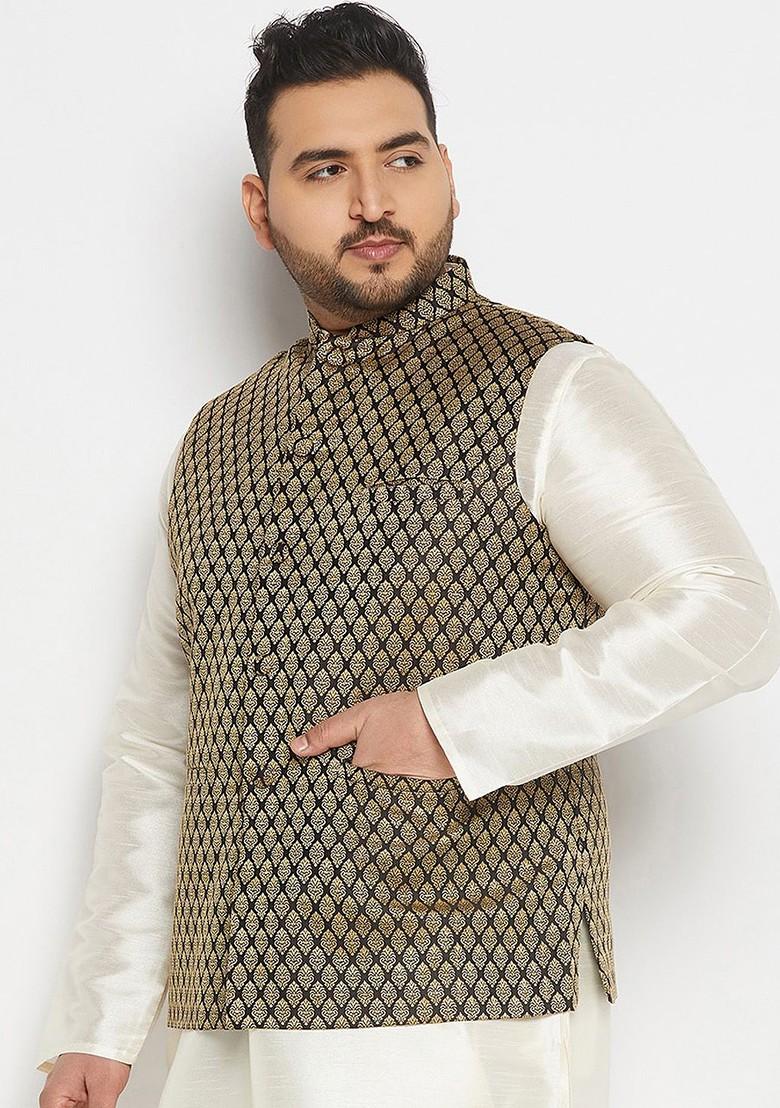 Black Woven Poly Blend Nehru Jacket For Men