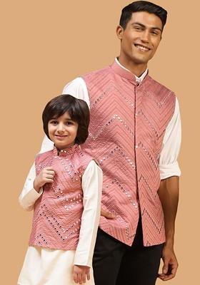Pink Embroidered Poly Blend Nehru Jacket For Men