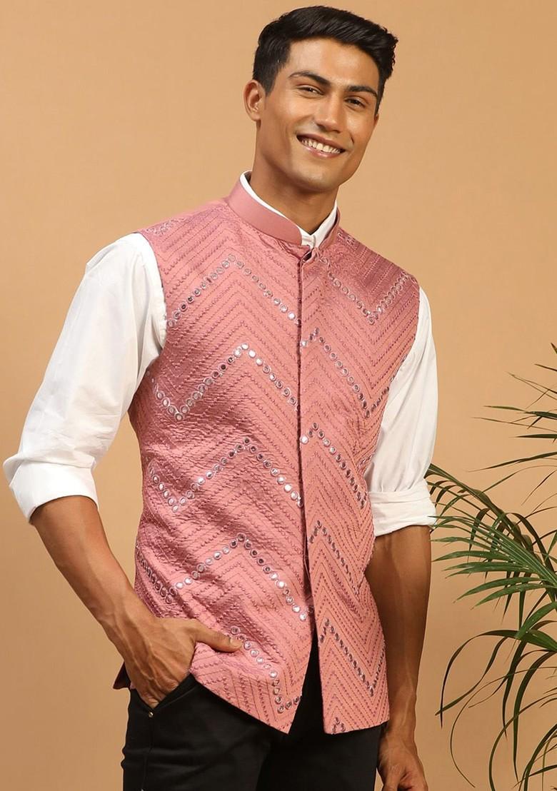 Pink Embroidered Poly Blend Nehru Jacket For Men