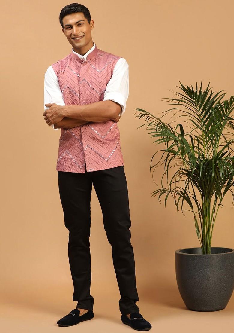 Pink Embroidered Poly Blend Nehru Jacket For Men