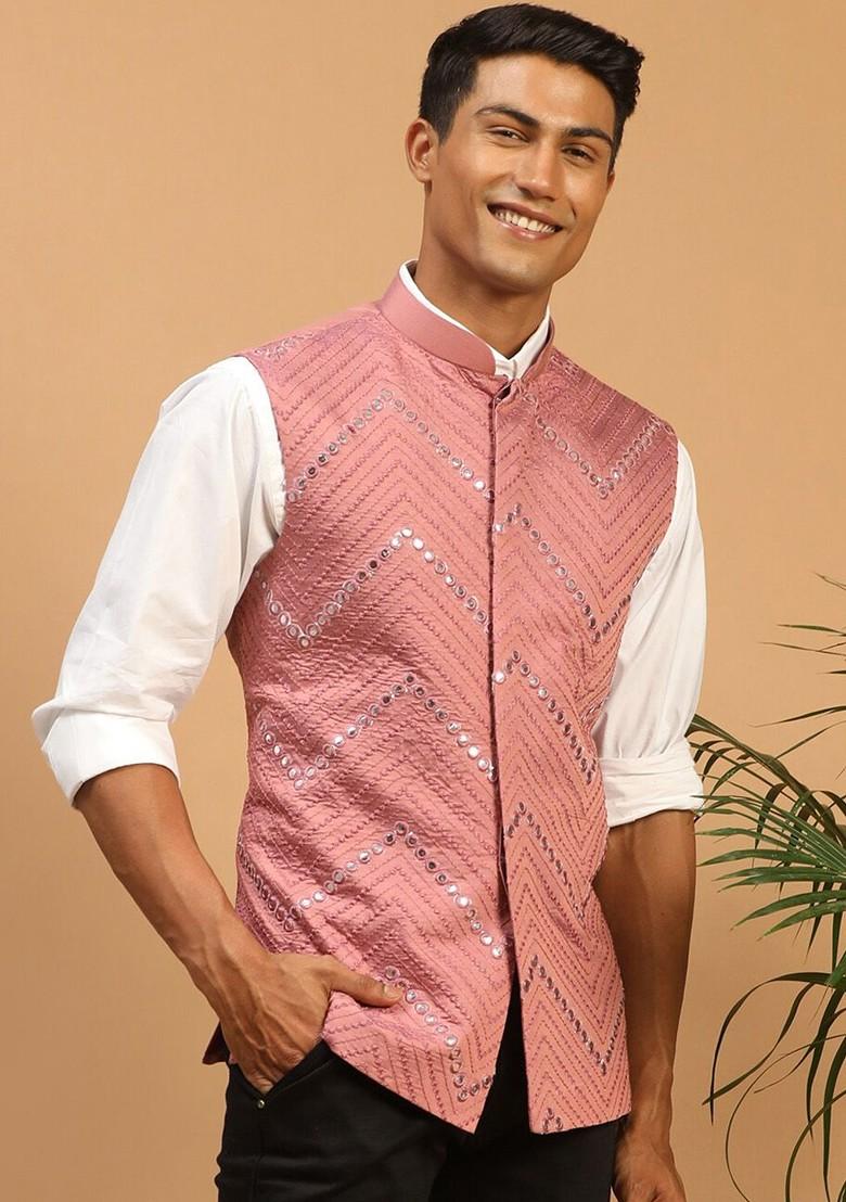 Pink Embroidered Poly Blend Nehru Jacket For Men