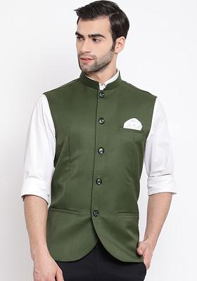 Green Woven Poly Blend Nehru Jacket For Men