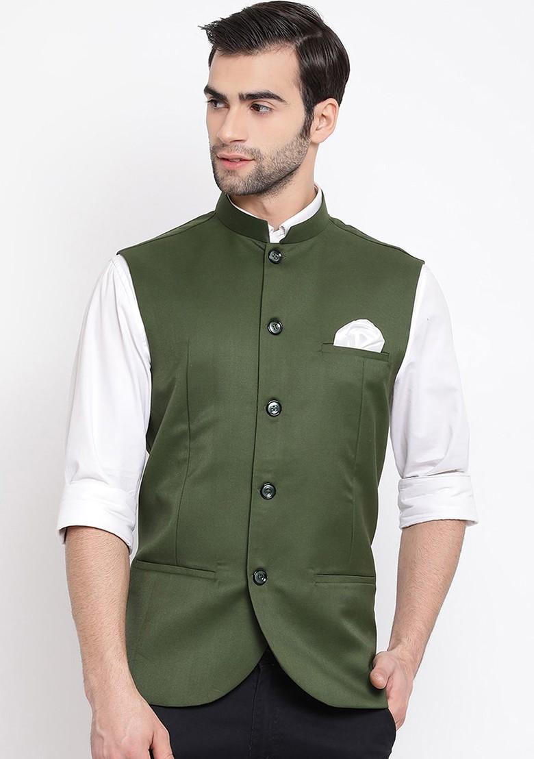 Green Woven Poly Blend Nehru Jacket For Men