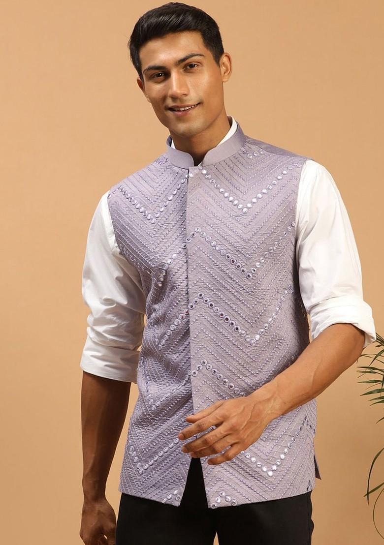 Purple Woven Poly Blend Nehru Jacket For Men