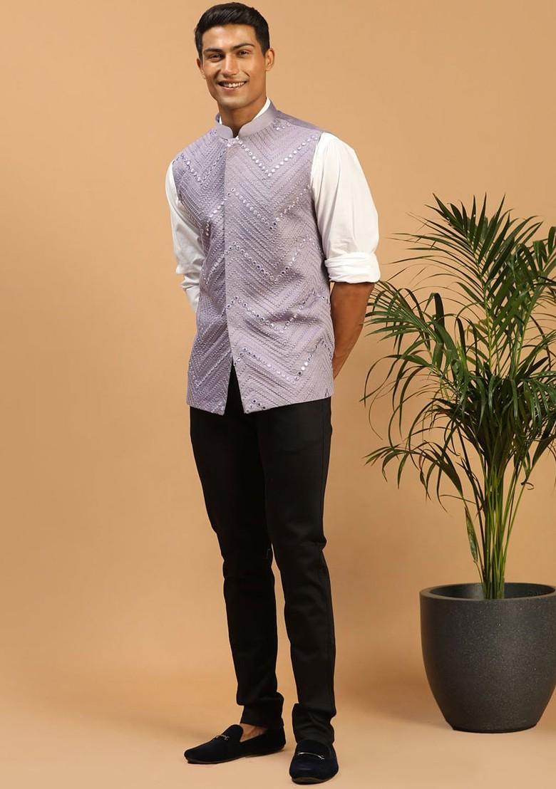 Purple Woven Poly Blend Nehru Jacket For Men