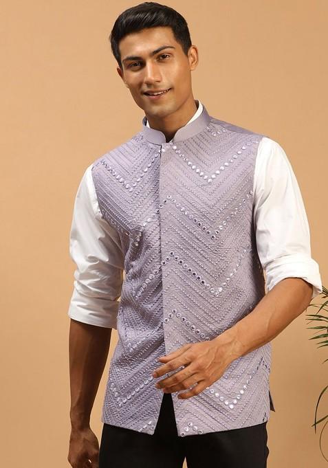 Purple Woven Poly Blend Nehru Jacket For Men — view on Indya