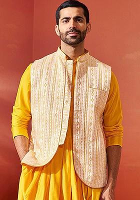 Yellow Woven Poly Blend Nehru Jacket For Men