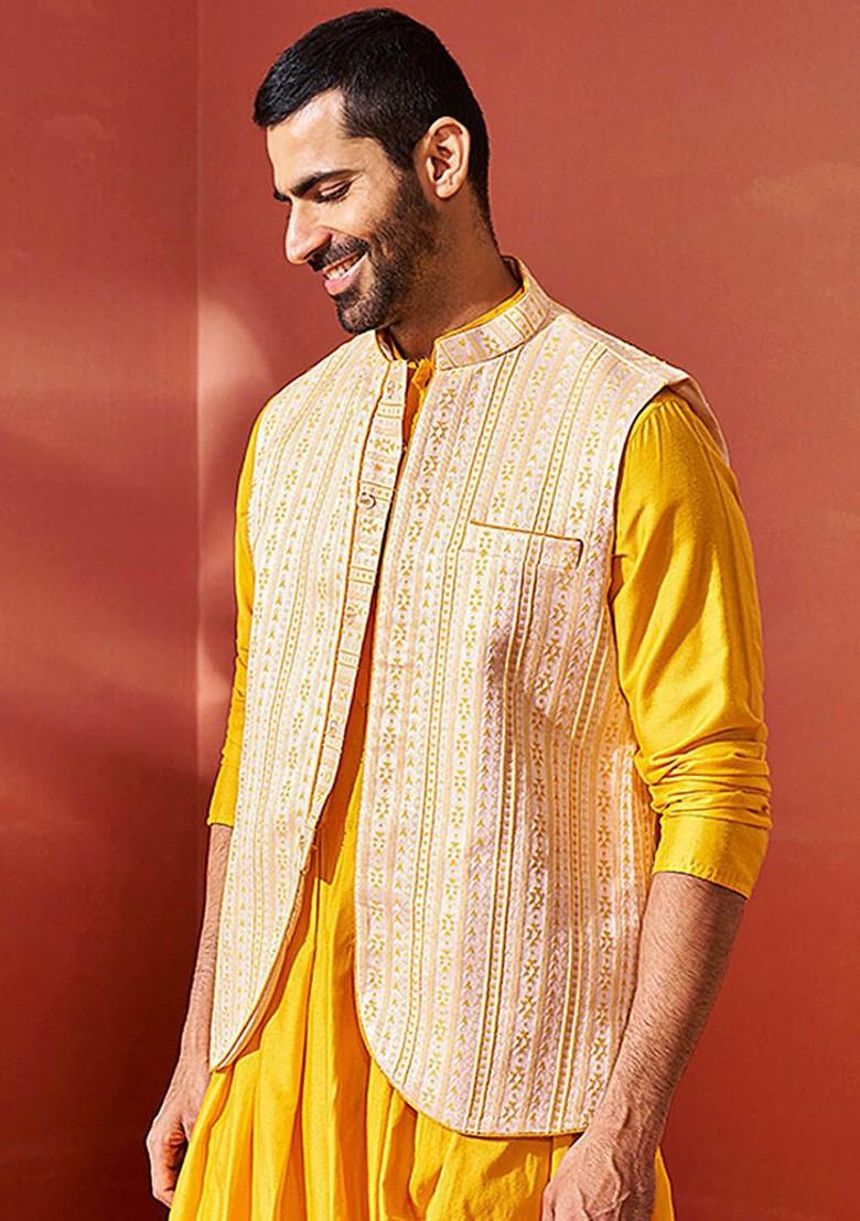 Yellow Woven Poly Blend Nehru Jacket For Men