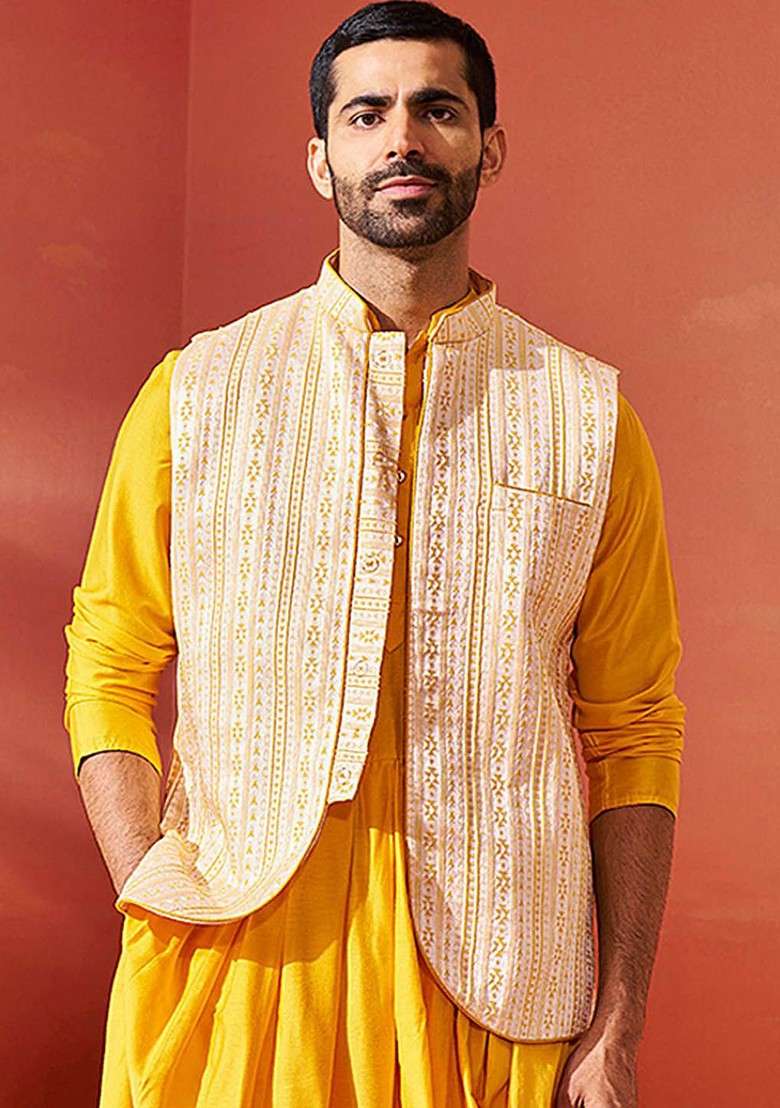 Yellow Woven Poly Blend Nehru Jacket For Men - Indya