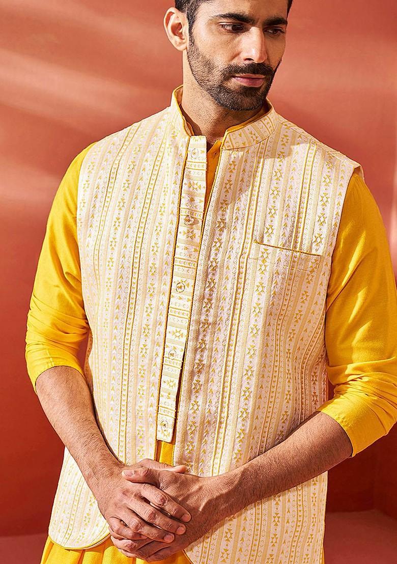 Yellow Woven Poly Blend Nehru Jacket For Men