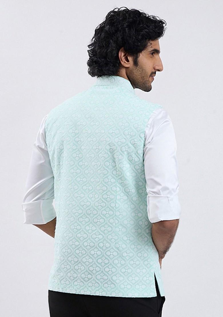 Green Embroidered Cotton Nehru Jacket For Men