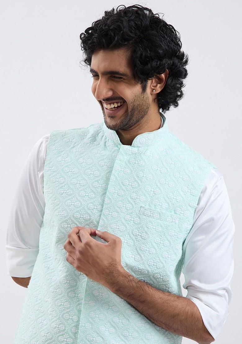 Green Embroidered Cotton Nehru Jacket For Men
