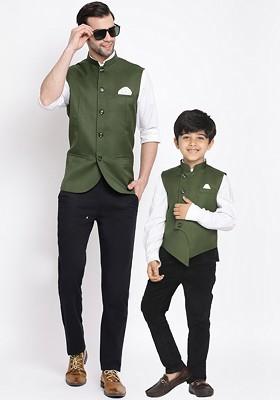 Olive Solid Poly Blend Nehru Jacket For Men