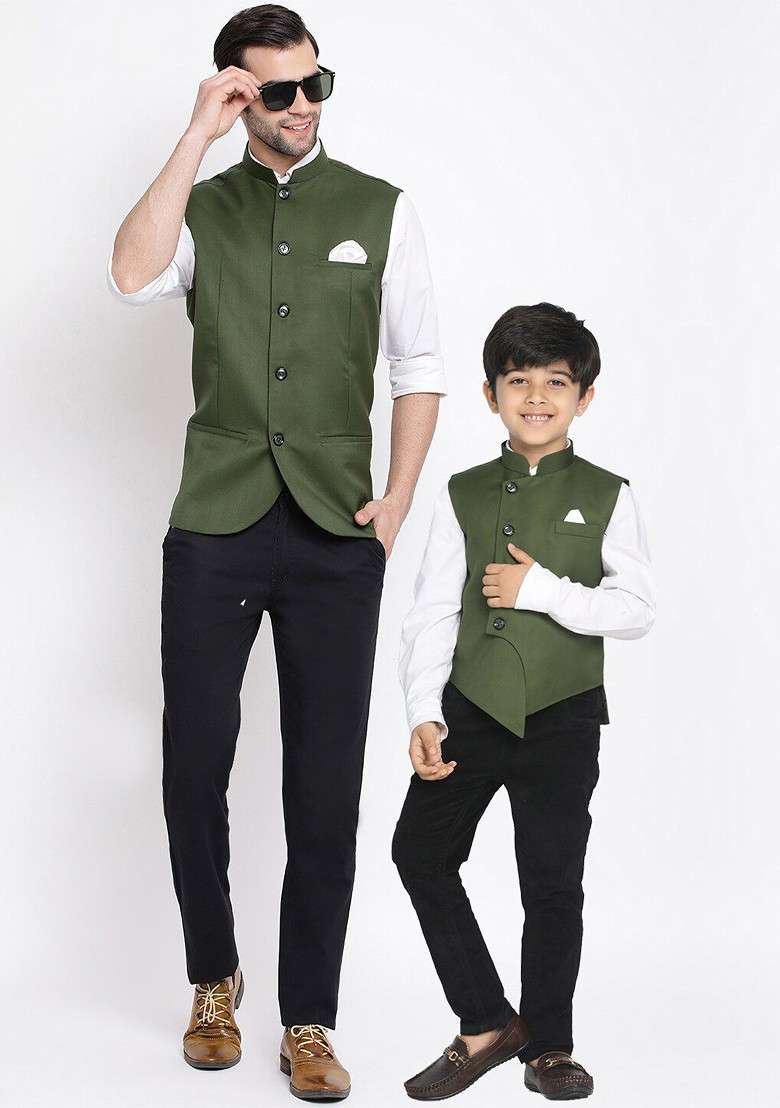Olive Solid Poly Blend Nehru Jacket For Men - Indya