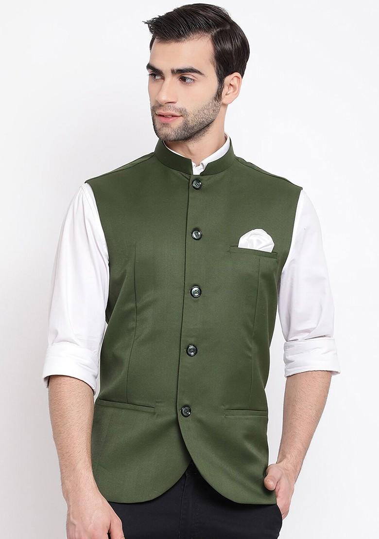 Olive Solid Poly Blend Nehru Jacket For Men