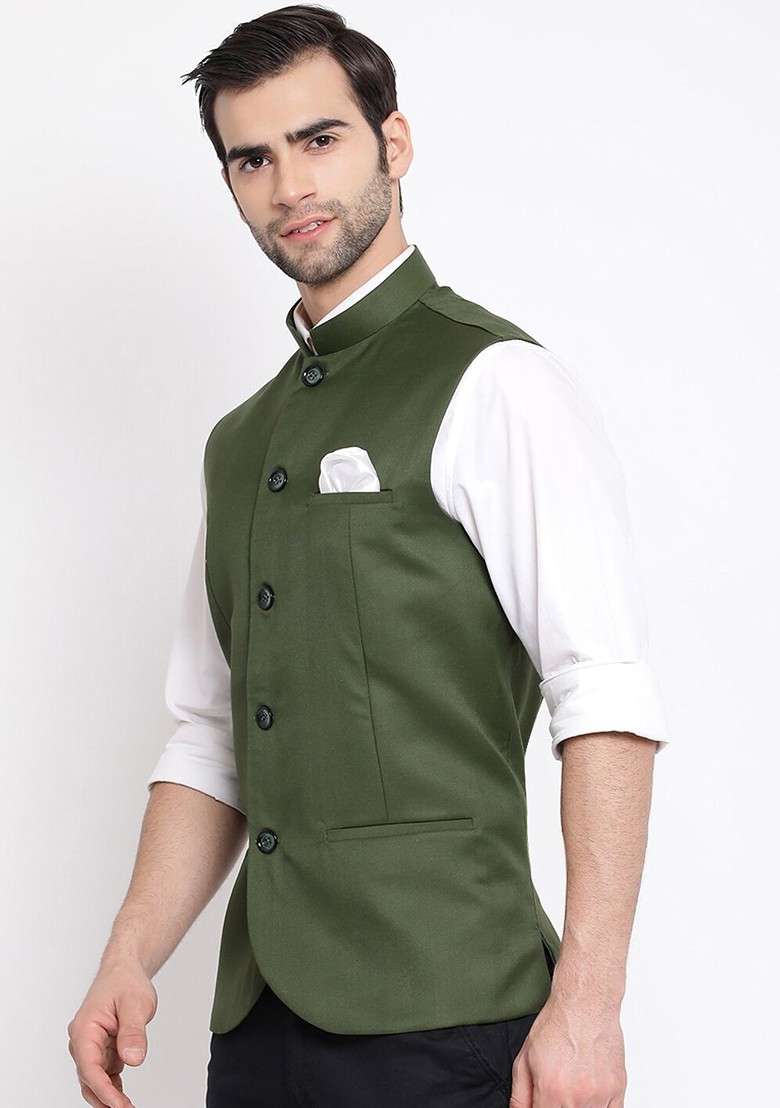 Olive Solid Poly Blend Nehru Jacket For Men - Indya