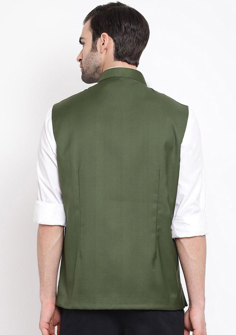 Olive Solid Poly Blend Nehru Jacket For Men