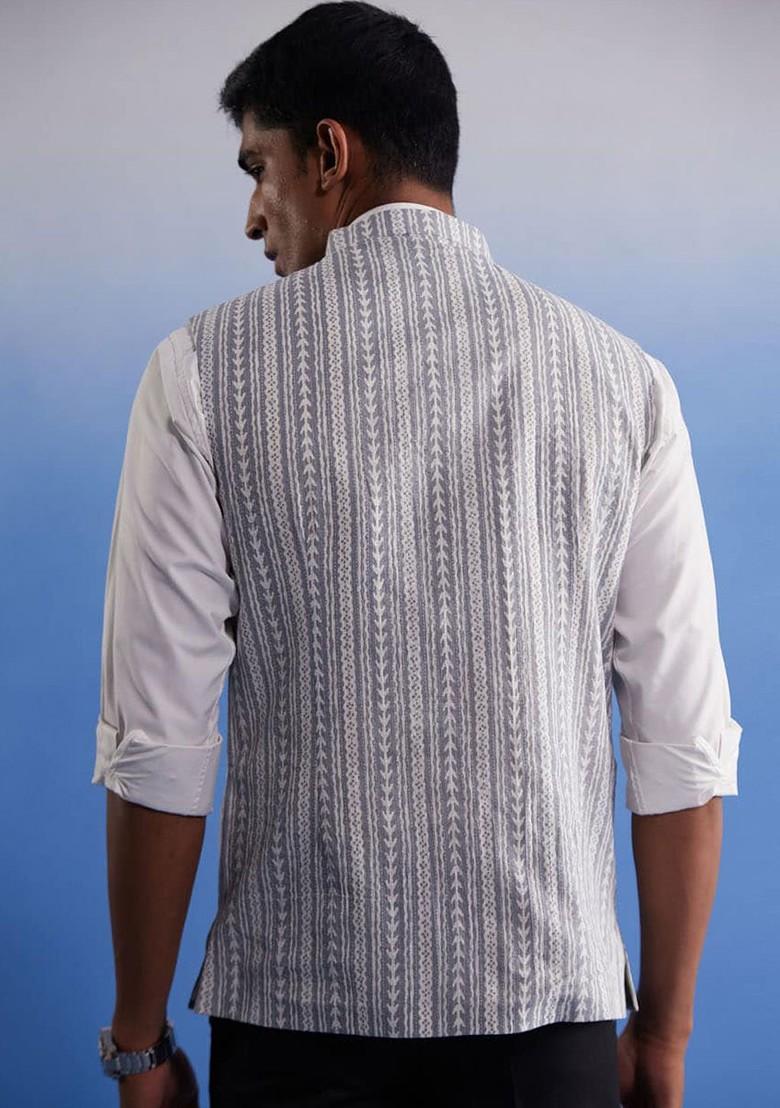 Grey Printed Cotton Nehru Jacket For Men