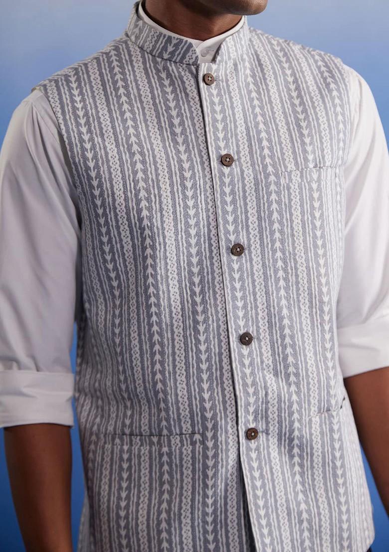 Grey Printed Cotton Nehru Jacket For Men
