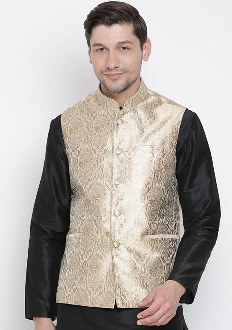 Gold Woven Silk Nehru Jacket For Men
