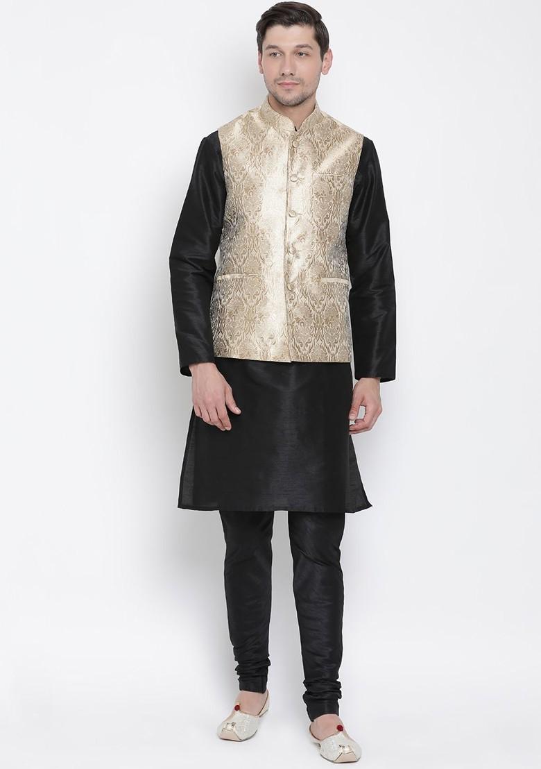 Gold Woven Silk Nehru Jacket For Men