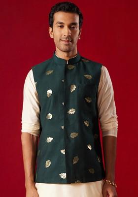Green Woven Poly Blend Nehru Jacket For Men