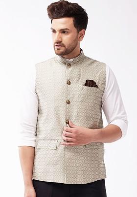 Beige Woven Poly Blend Nehru Jacket For Men