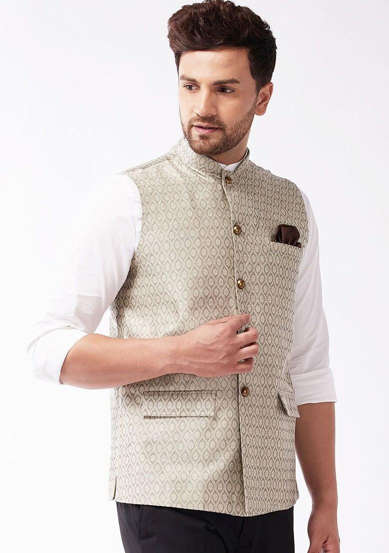 Beige Woven Poly Blend Nehru Jacket For Men