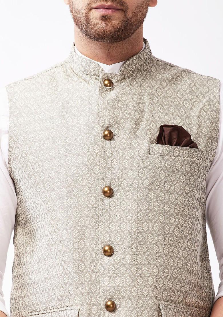 Beige Woven Poly Blend Nehru Jacket For Men