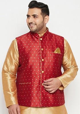 Maroon Woven Poly Blend Nehru Jacket For Men