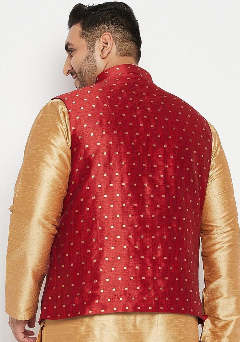 Maroon Woven Poly Blend Nehru Jacket For Men