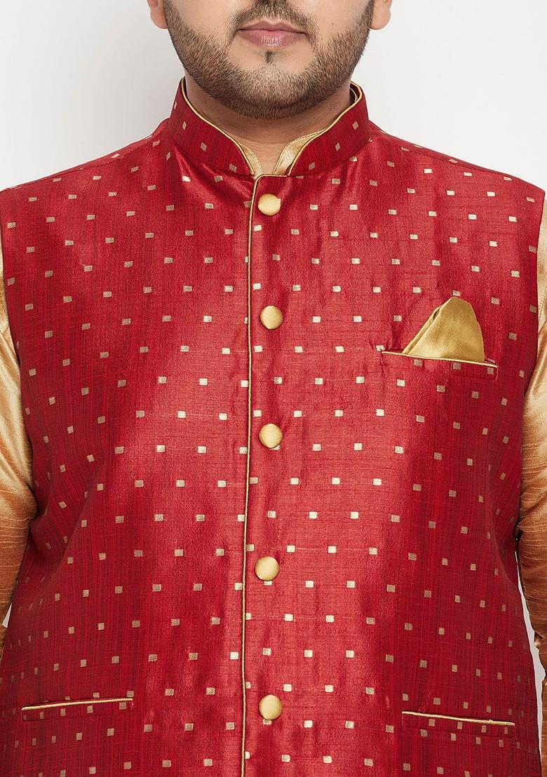 Maroon Woven Poly Blend Nehru Jacket For Men