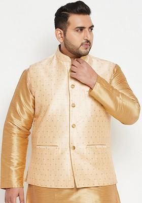 Gold Woven Poly Blend Nehru Jacket For Men
