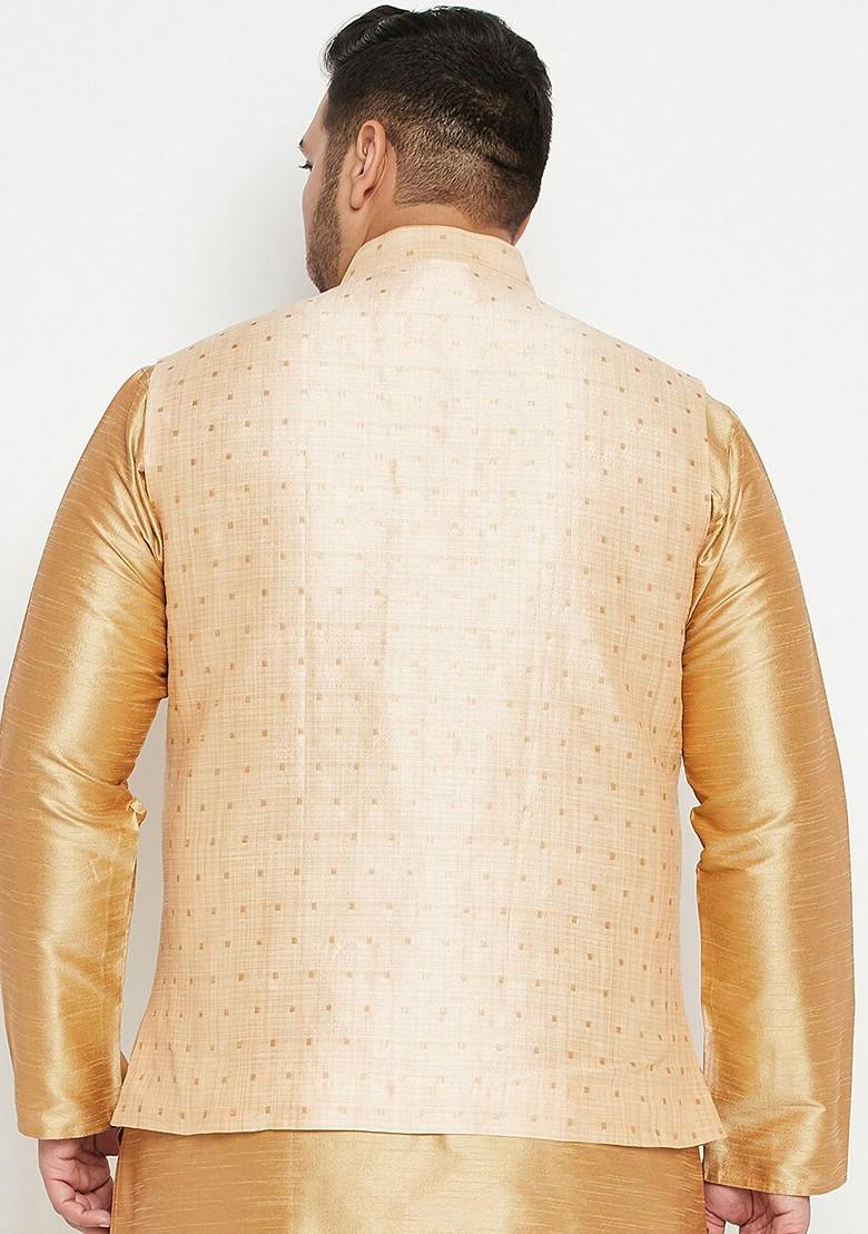 Gold Woven Poly Blend Nehru Jacket For Men
